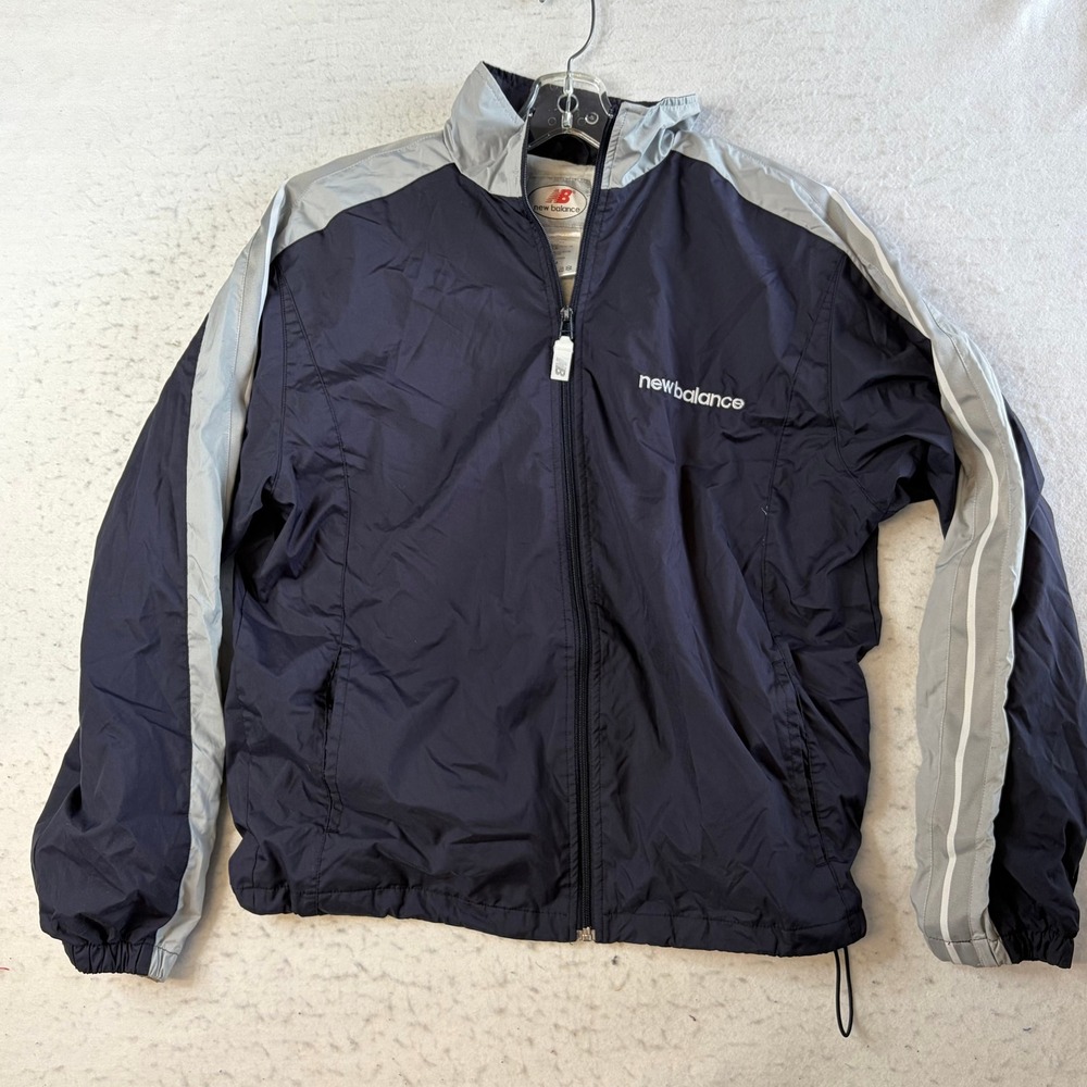 VTG New Balance Windbreaker Jacket Mens M Navy Blue Grey Side Stripe Full Zip